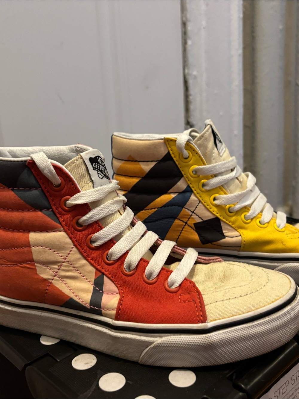 Vans High-Top Sneakers in Red, Yellow & Cream